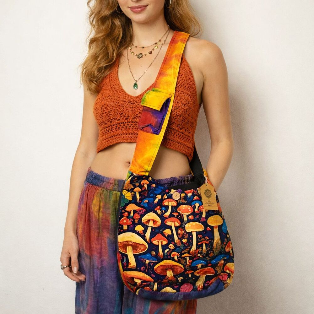 Mushroom Crossbody Hobo Bag Tie Dye Fabric Woodland Fairy Purse Handmade Nepal - Picture 16 of 16